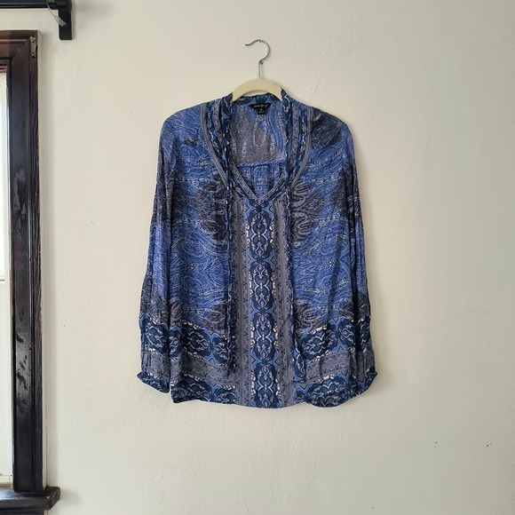 Lucky Brand Womens V-Neck Tie Long Sleeve Printed Peasant Boho Blue Top Size M - Picture 1 of 5